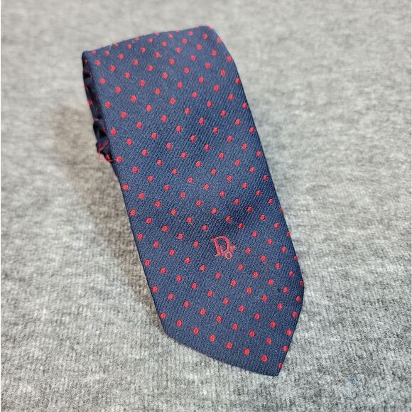 Vtg 70's Christian Dior Neck Tie Navy Blue Red Dotted Silk Blend Tie 54" x 4" - Picture 1 of 8